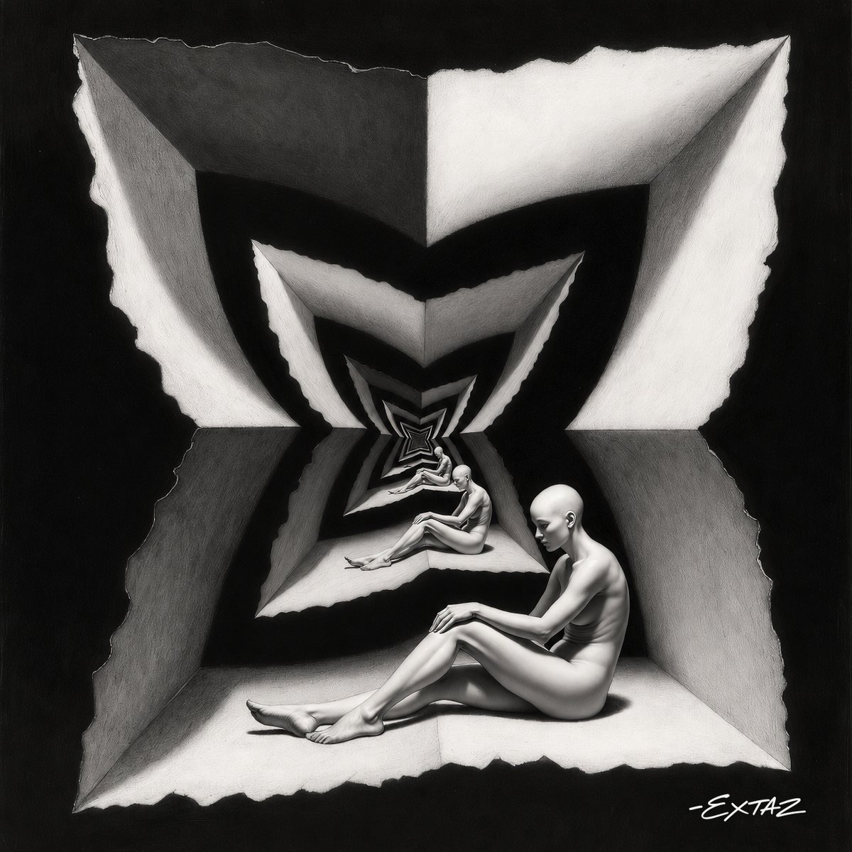 extazdesigns's tweet photo. My 2nd entry for Black &amp; White in @WebbieSocialApp 

🕯️"Wrapped Memory"
- A meditation on recursive identity &amp; isolation, where the self repeats endlessly within fractured spaces, slowly dissolving into silence, shadow, and the uneasy loop of its own existence.

#nft #nftart #art https://t.co/hK8DL2pCNS