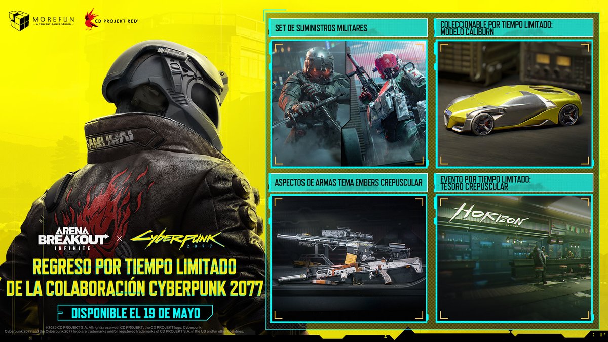 ABInfiniteES's tweet photo. ¡Arena Breakout: Infinite x Cyberpunk 2077 vuelve por tiempo limitado el 19 de mayo!

Los sets temáticos Trauma Team y Chromatic Shadow están de regreso, incluyendo la hoja de las Fuerzas Especiales Arasaka y los aspectos de armas Twilight Embers.

También podrás obtener el coleccionable por tiempo limitado Modelo Caliburn, además de amuletos gratis y recompensas especiales del evento en Kamona.

#ArenaBreakoutInfinite #ABI #Cyberpunk2077