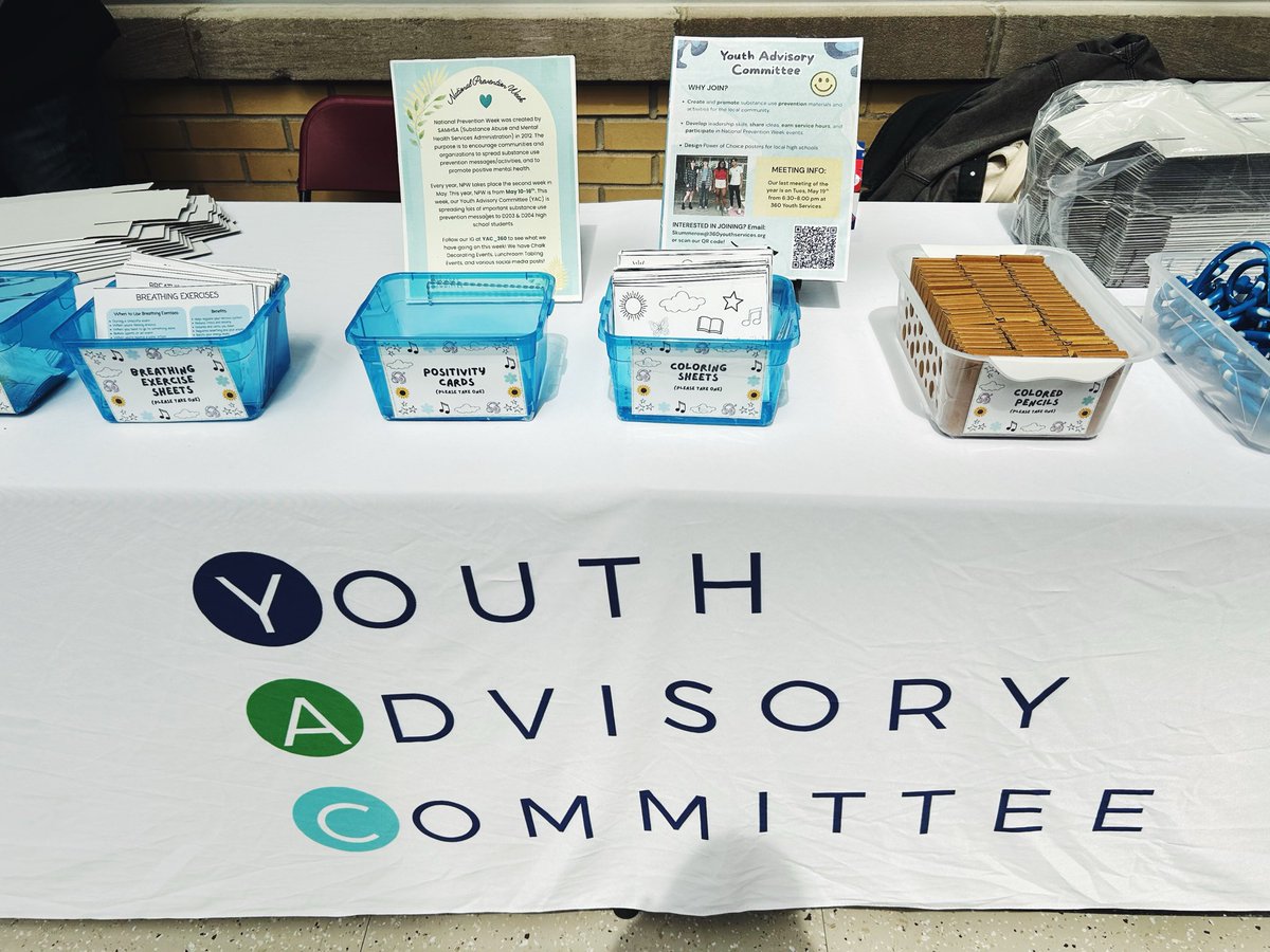 360Prevention's tweet photo. The Youth Advisory Committee had a great time sharing substance use prevention, positivity, and mental health resources to NVHS, NCHS, and NNHS students as they tabled this week for National Prevention Week! https://t.co/glfFSvcGaK