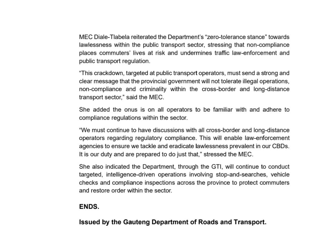 GPDRT_'s tweet photo. #TacklingG13 MEC Diale-Tlabela leads crackdown on illegal cross boarder and long-distance bus operations.

The operation targeted transport nodes to enforce regulatory compliance and tackle illegal operations within the long-distance passenger transport sector.

#RoadSafety #AgaLeRona #GrowingGautengTogether