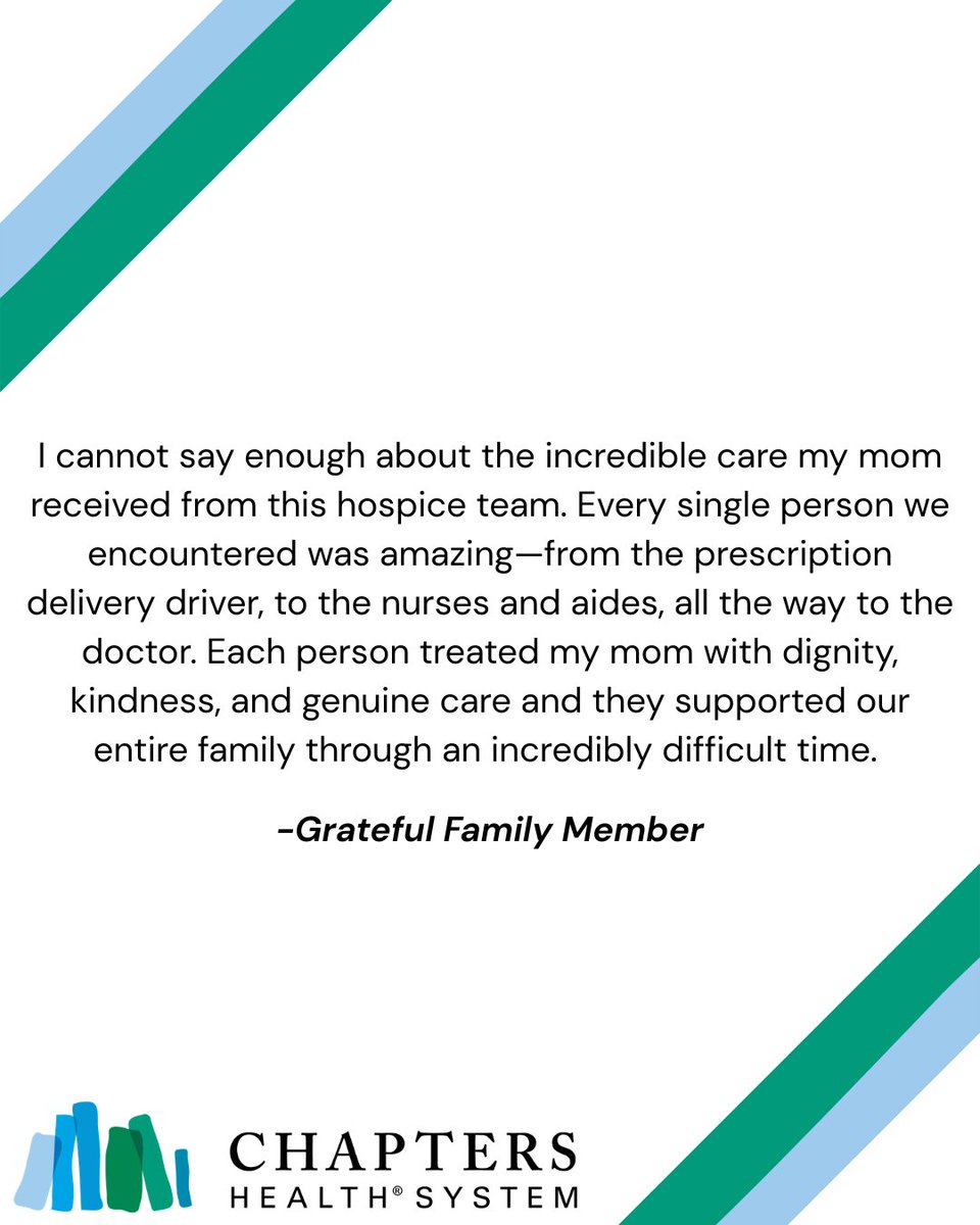 Chapters_Health's tweet photo. Reviews like this make us grateful for the trust families place in our team during some of life’s most difficult moments. Thank you to the team members who show up every day to support patients and those who care for them! Learn more: https://t.co/UVn5EUiNc9 https://t.co/kTnCNTJaI5