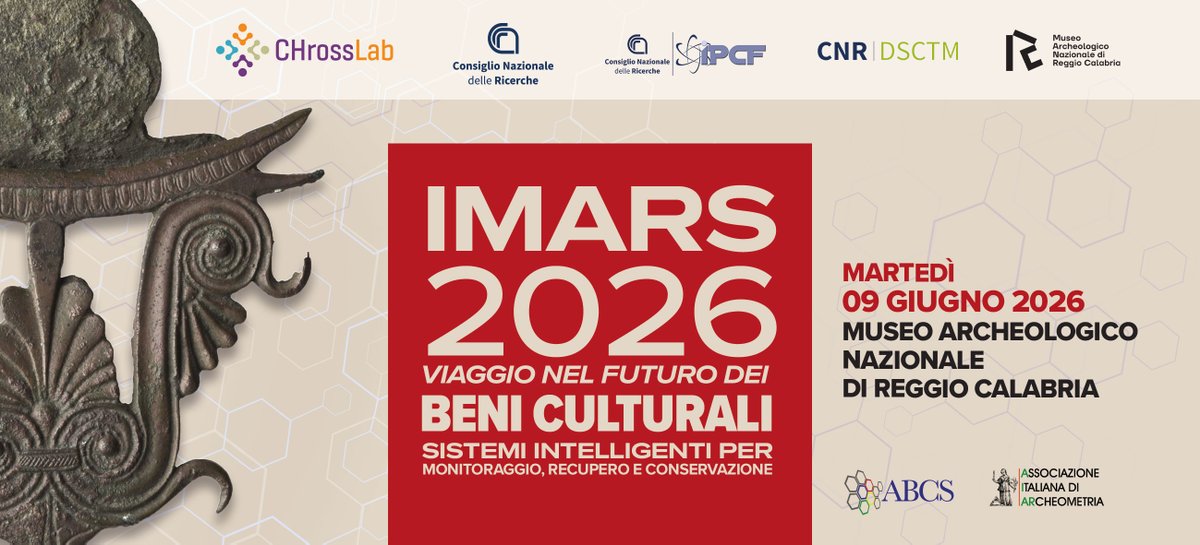 itmcnr's tweet photo. Al via la II edizione di IMARS “Viaggio nel futuro dei Beni Culturali: Sistemi Intelligenti per Monitoraggio, Recupero e Conservazione Sostenibili”
9 giugno 2026 Museo Archeologico di Reggio Calabria
Registrazione libera presso la sede dell'evento ore 9:00
@CNRsocial_ https://t.co/UUg0tavLAm