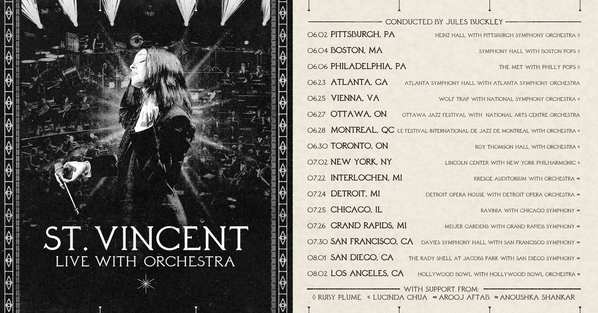 st_vincent's tweet photo. the orchestra tour begins in two weeks!!

so glad to welcome Ruby Plume, @LucindaChua, @arooj_aftab and @ShankarAnoushka to the tour in select cities. all tickets are on sale now! https://t.co/nIyRVBnil4 https://t.co/2O1iOb5HGV