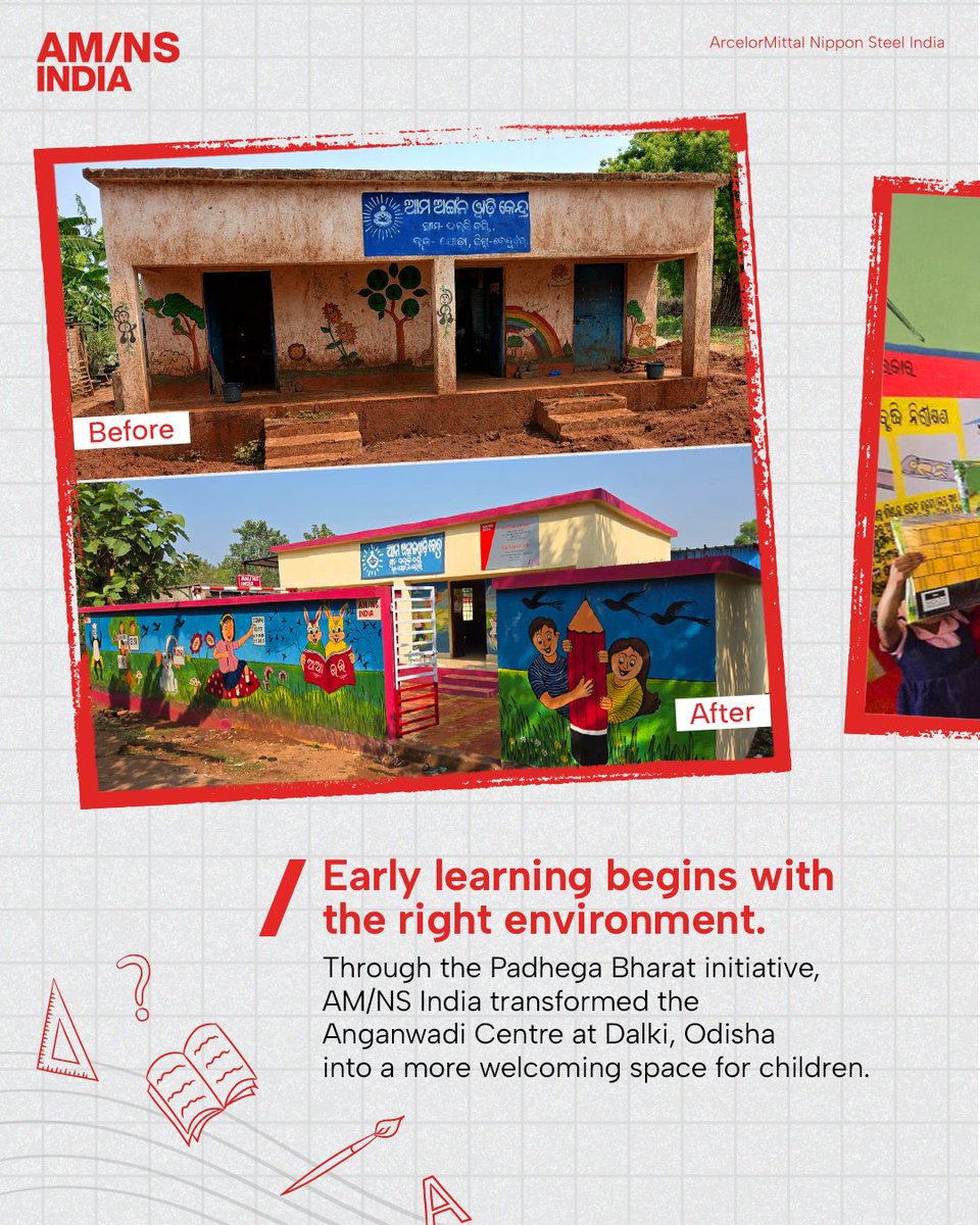 AMNSIndia's tweet photo. The earliest years of education shape a child’s sense of belonging, curiosity, and learning skills. With this belief, AM/NS India upgraded the Anganwadi Centre at Dalki, Odisha, under its Padhega Bharat initiative, creating a safer &amp; more welcoming space for children. https://t.co/vskqUEmZmJ