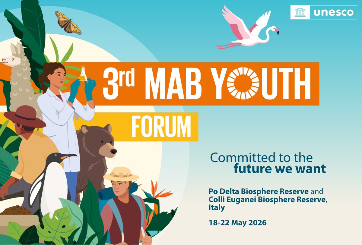 UNESCOVenice's tweet photo. 🌿 Starting next week ... UNESCO MAB Youth Forum!🌎

📍18-22 May 2026

Italy's Po Delta and Euganean Hills Biosphere Reserves will host the 3rd UNESCO MAB Youth Forum, bringing together over 150 young leaders aged 18-35🧑‍🤝‍🧑 from across the World Network of Biosphere Reserves.🌱🌊 https://t.co/0vzv5PZEp2