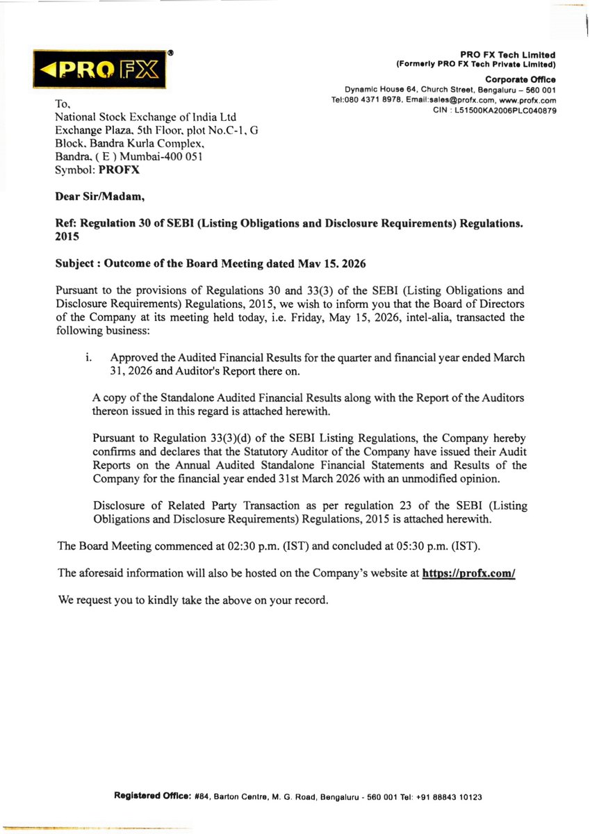 nileshkurhade's tweet photo. 📌 Pro FX Tech Limited informed the exchange about its approval for the financial results for the period ended March 31, 2026. #SME #PROFX 📄🧾 https://t.co/lEXgWWHF9k