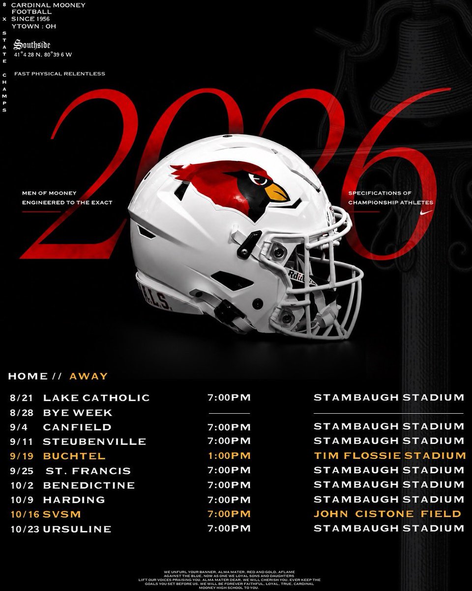 CMHS_athletics's tweet photo. The wait is over. 
The 2026 Cardinal Mooney football schedule is HERE.
New opponents. Big rivalries. Friday night lights. Time to get to work. #GoCards https://t.co/48InySbVTU