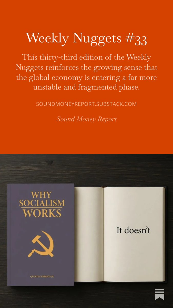 SoundMoneyRpt's tweet photo. 🚨 Weekly Nuggets #33 is out 🚨

This week’s edition explores the growing instability inside the global monetary system, 🌍💵

From the Persian Gulf tensions to stagflation risks, we connect the dots behind the headlines.

#GoldReserves #OilShock #InflationHedge #MonetarySystem https://t.co/cClrLmPvGT