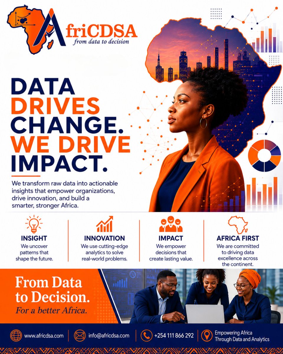 afri_cdsa's tweet photo. Data is more than numbers  it is the foundation of smarter decisions, innovation, and sustainable growth.

At African Centre for Data Science and Analytics Limited, we transform raw data into actionable insights that help organizations solve real-world challenges, improve performance, and create lasting impact across Africa.

Our focus is simple:
• Deliver meaningful insights
• Drive innovation through analytics
• Support impactful decision-making
• Advance data excellence across Africa

From Data to Decision — for a better Africa.

Contact Us:
+254 111 866 292
info@fricdsa.com
https://t.co/RmKK598JFT

#DataScience #Analytics #ArtificialIntelligence #BusinessIntelligence #MachineLearning #BigData #DigitalTransformation #Africa #Innovation #DataDriven