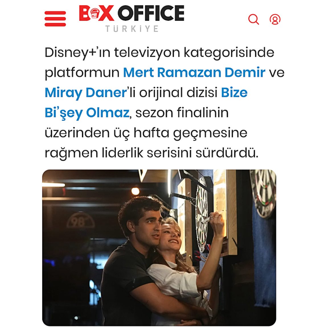bestofmiray_'s tweet photo. 𝐮𝐩𝐝𝐚𝐭𝐞 || The series #BizeBişeyOlmaz, starring #MirayDaner and Mert Ramazan Demir, continues its success streak by remaining the Most-Watched series on @DisneyPlusTR even three weeks after its season finale ✨❤️‍🔥

(4–10 May 2026 | @boxofficeturkey) https://t.co/HtJj671jwo
