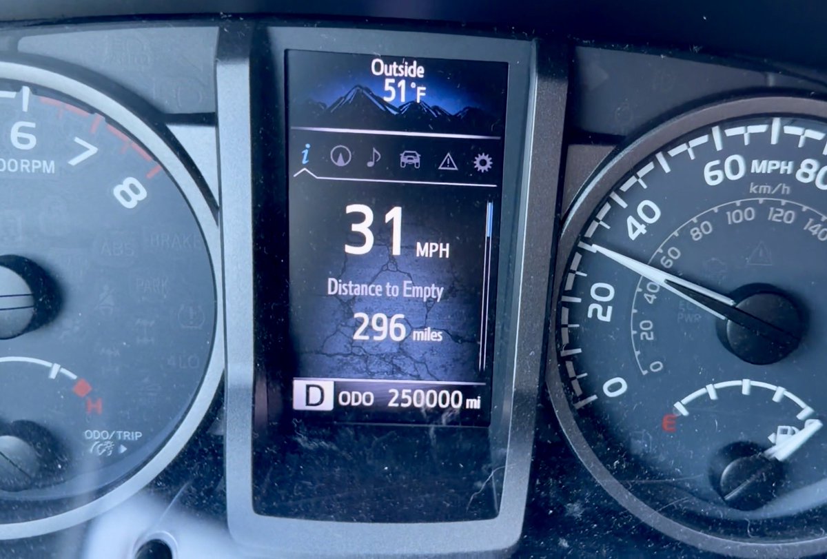 beevans's tweet photo. @Toyota My 2018 Tacoma crossed 250,000 today. It’s taken us all over the eastern half of the country - fishing trips from Alabama to Wisconsin, NASCAR races from Talladega to Martinsville, camping in the mountains, and a handful of FL beach vacations. Thanks for the great truck! https://t.co/M6XmH51CQU