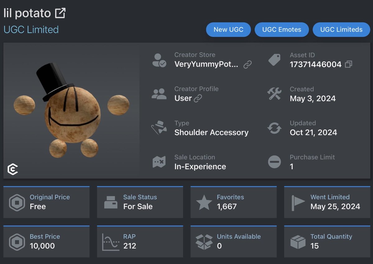 VeryYummyPotato's tweet photo. In 10 days the first free item I released becomes 2 years old 🥳

Crazy how time flys so fast I remember being so happy when I released this, and never expected I would drop 100k rbx worth of stock

Thanks to everyone who’s been here throughout the years kinda unbelievable ngl 🥲 https://t.co/tly7H6zidg