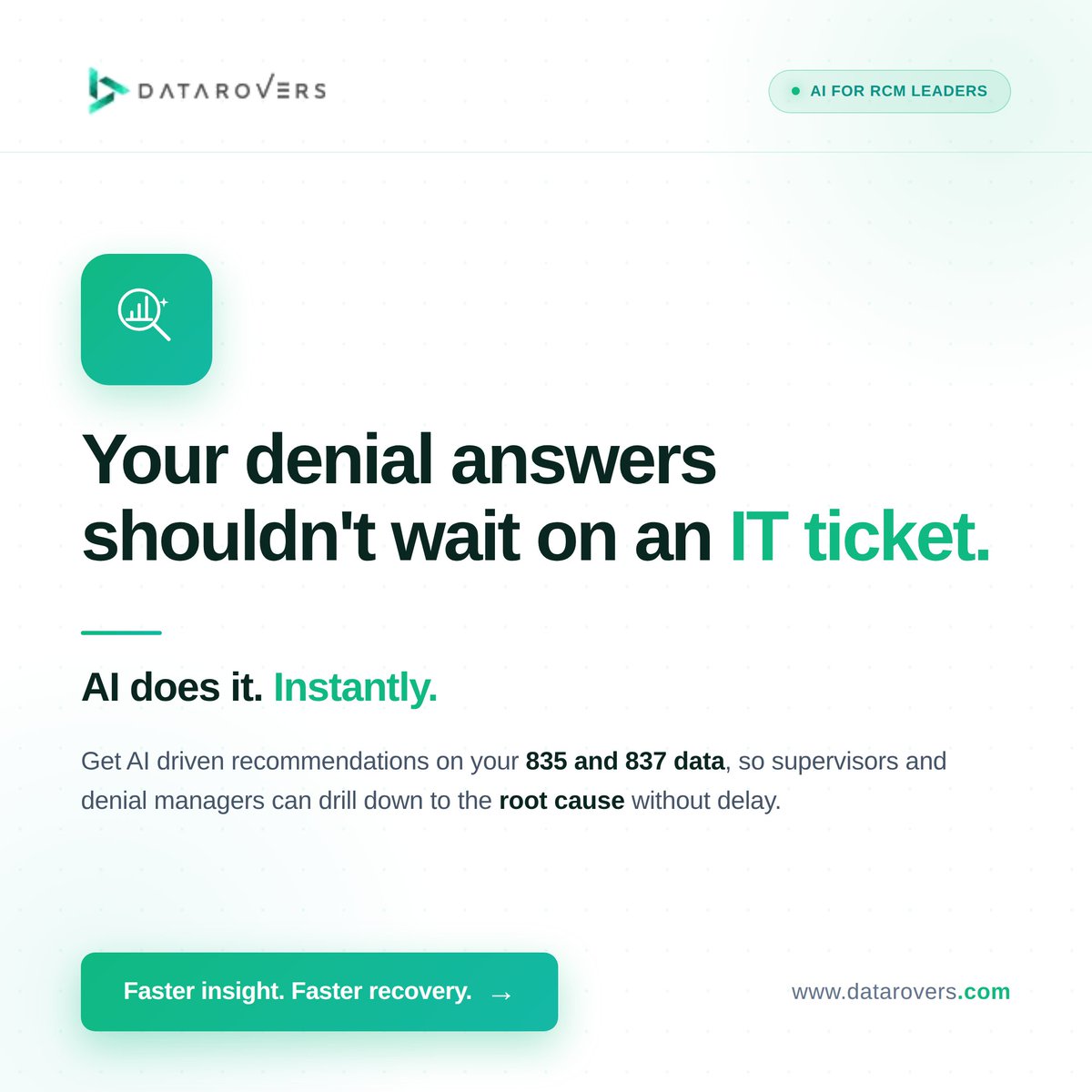 DataRovers's tweet photo. What if AI could instantly recommend the denials your team should prioritize so managers and CFOs can uncover the root cause of high value denials in just one click?  Faster insights. Smarter recovery. Better financial outcomes.  Get A Demo: https://t.co/p19beIX0Wl #RCM https://t.co/xMaiGQ5wxO