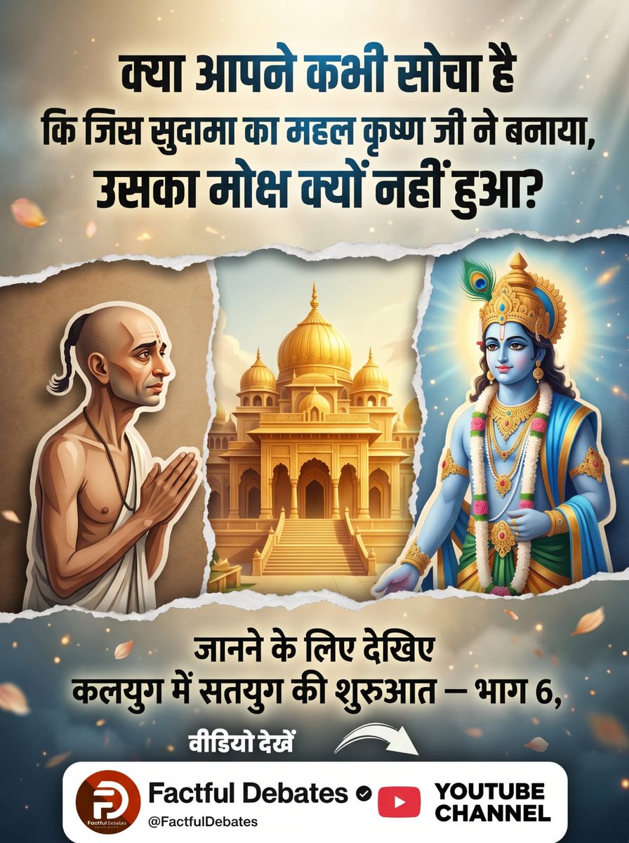 RAM1081551's tweet photo. #सुदामा_कृष्णजीके_भक्त_नहींथे
क्या आपने कभी सोचा है कि जिस सुदामा का महल कृष्ण जी ने बनाया, उसका मोक्ष क्यों नहीं हुआ?
जानने के लिए देखिए कलयुग में सतयुग की शुरुआत – भाग 6,
Factful Debates Yt Channel https://t.co/iSK6RaSgsN