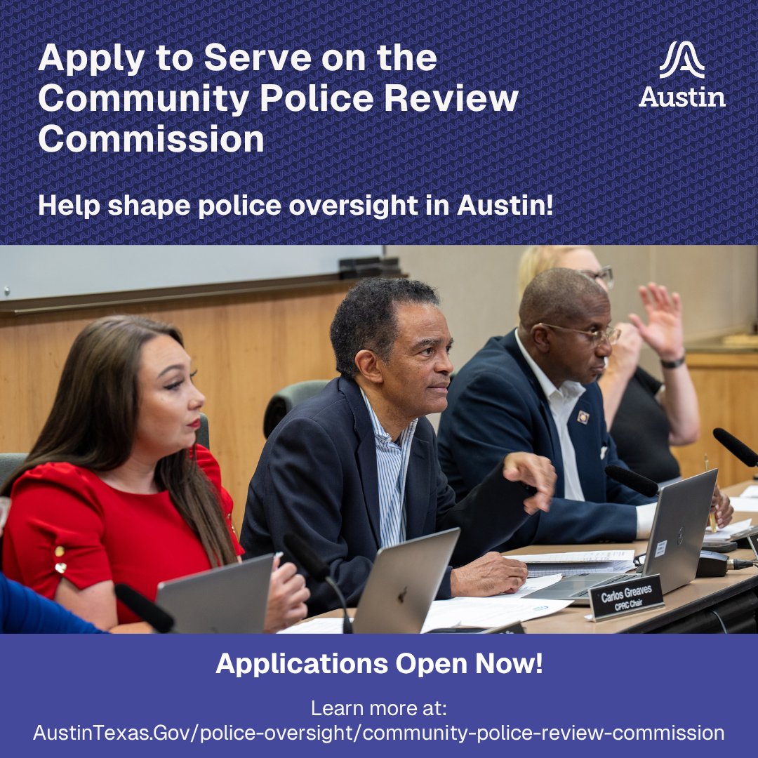 ATX_APO's tweet photo. Interested in applying to serve on Community Police Review Commission? Meet the commissioners and learn about the application process TODAY at City Hall, 1:30 PM in the Boards and Commissions Room. Can't make it? Learn about serving and how to apply at https://t.co/YUwuzjFJDm. https://t.co/QpizLYZ426