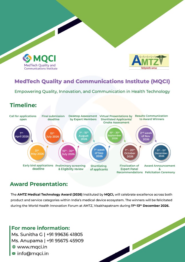 MQCI_info's tweet photo. ✨Exciting news!✨

✨The #AMTZ #Medical #Technology #Awards 2026 are now OPEN!

✨Instituted by @MQCI_INFO, these #awards honour ground breaking #innovations &amp; visionary #leaders shaping #India’s #MedTech future.

✨Entries are LIVE!  Apply now: https://t.co/9ARtSa2NKo https://t.co/cnmgROEBYe