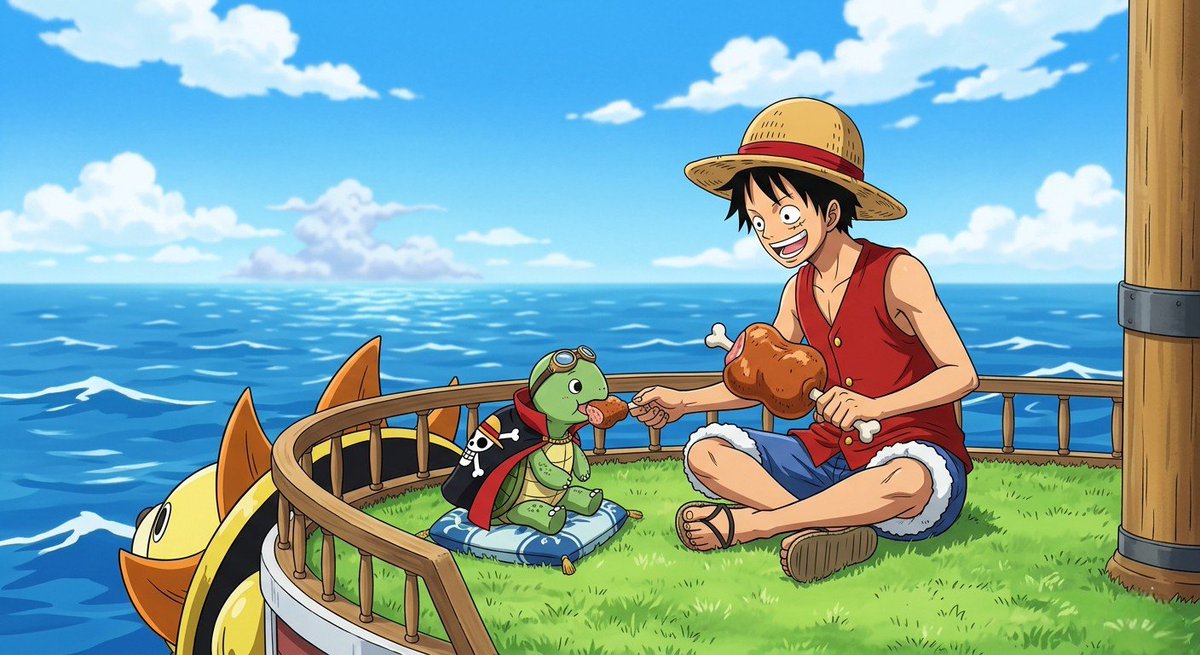 luffycrypts's tweet photo. In one of my archives and memories,

"Just a Captain and his oldest crew member sharing a snack on the Sunny! 🍖🐢 Luffy’s always willing to share his meat if you’ve got the spirit of a pirate, hoping @heyshellmates would also be generous to share a spot for the pirate king 👑" https://t.co/P6b3qmmd6x
