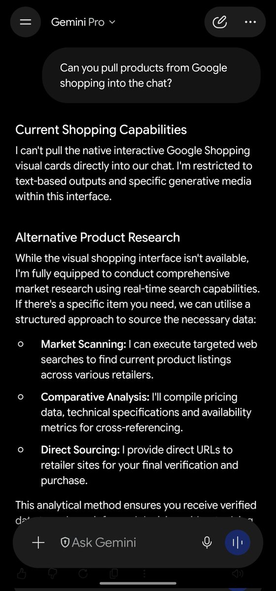 kvtepov's tweet photo. Since AI Search by #Google doesn't reference context from chats history, it would be helpful to have a #shopping mode available as an option in @GeminiApp, so there is a user consent. If a #user enters the mode willingly, then no probs. Ez opportunity and actually helpful. #ux https://t.co/7czCiPtIF2