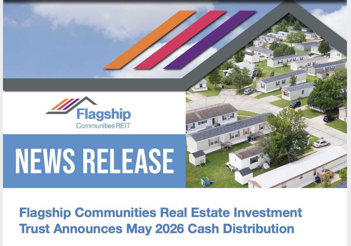 Flagship_Comm's tweet photo. Flagship Communities Real Estate Investment Trust Announces May 2026 Cash Distribution. Read more here: https://t.co/rqGds2xr1h https://t.co/CFqZZZKhWv