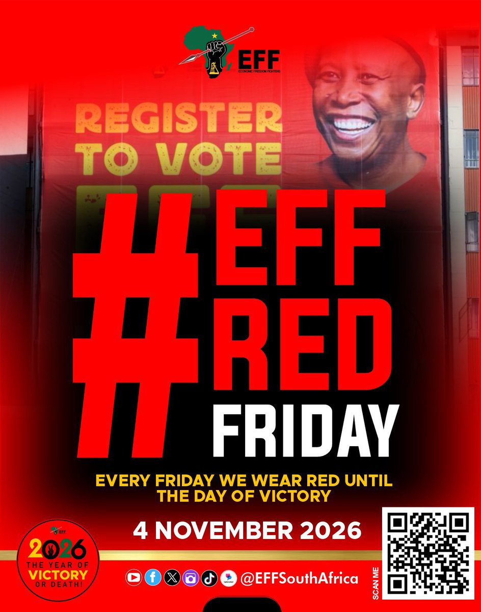 Differenxials's tweet photo. It’s #EFFRedFriday Fighters, let’s paint South Africa Red until the day of Victory.

Register To Vote EFF In The 2026 Local Government Elections To Be Held On The 4th of November 2026

Link: https://t.co/KWU9huZRng https://t.co/BqKsgamgR7