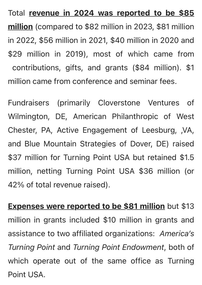 AdamMiller615's tweet photo. @RealCandaceO TPUSA is just a another nonprofit scam!   They took in 85 million in 2024 and claimed 81 million in expenses.  
$42 million in just travel and compensation.  Stop supporting nonprofits! https://t.co/aKSQS4qXXZ