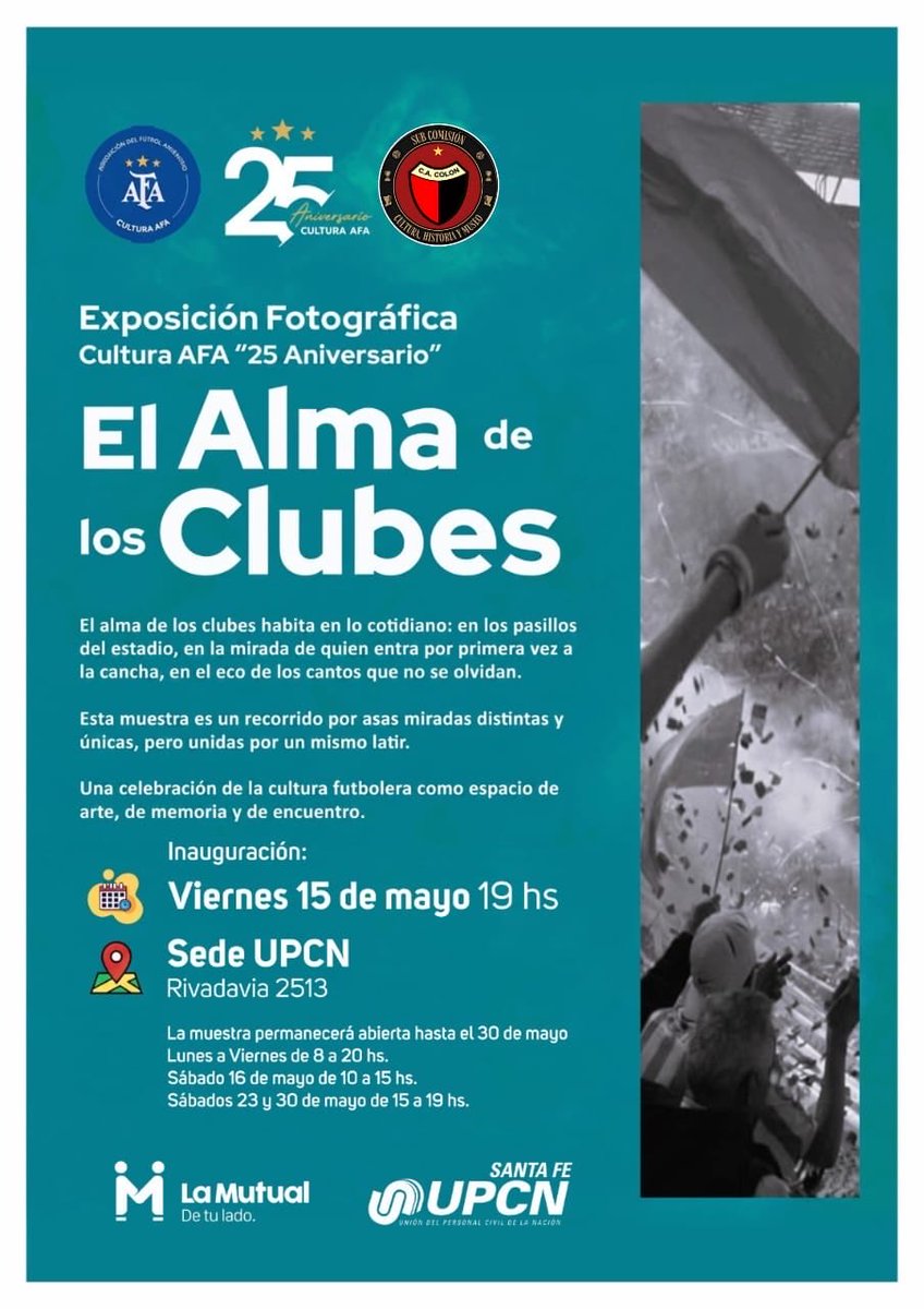 ColonOficial's tweet photo. Desde la Subcomisión de Cultura, Historia y Museo del Club Atlético Colón invitamos a participar de la inauguración de la muestra fotográfica “El Alma de los Clubes”, una propuesta impulsada junto a Cultura AFA en el marco del 25° aniversario de su creación.

La exposición, de la que participan 27 clubes, a través de 79 fotografías propone un recorrido visual por la pasión, la identidad y el sentido de pertenencia que atraviesan a los clubes como espacios de encuentro y memoria colectiva.

🗓️ Viernes 15 de mayo – 19 hs
📍 Sede UPCN Santa Fe – Rivadavia 2513

♥️🖤 Entrada libre y gratuita.