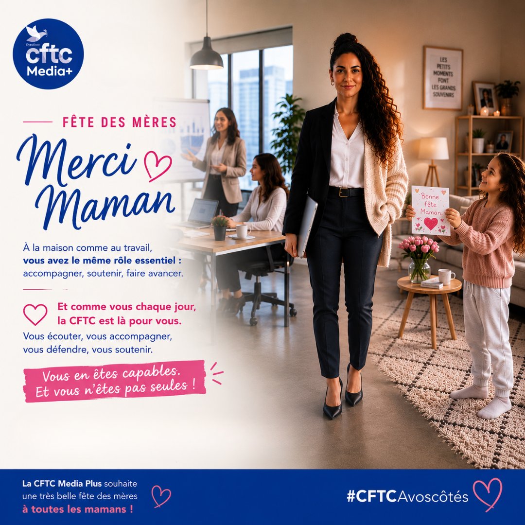 CftcMediaplus's tweet photo. Aujourd’hui, la CFTC Media + rend hommage à toutes les mamans 

Au travail comme à la maison, votre force et votre engagement font vivre une société plus humaine et solidaire.

#FêteDesMères #CFTCMediaPlus #Solidarité #TravailEtFamille #QVT #CFTC #Solidarité #Egalité https://t.co/d8UeUKk8mb
