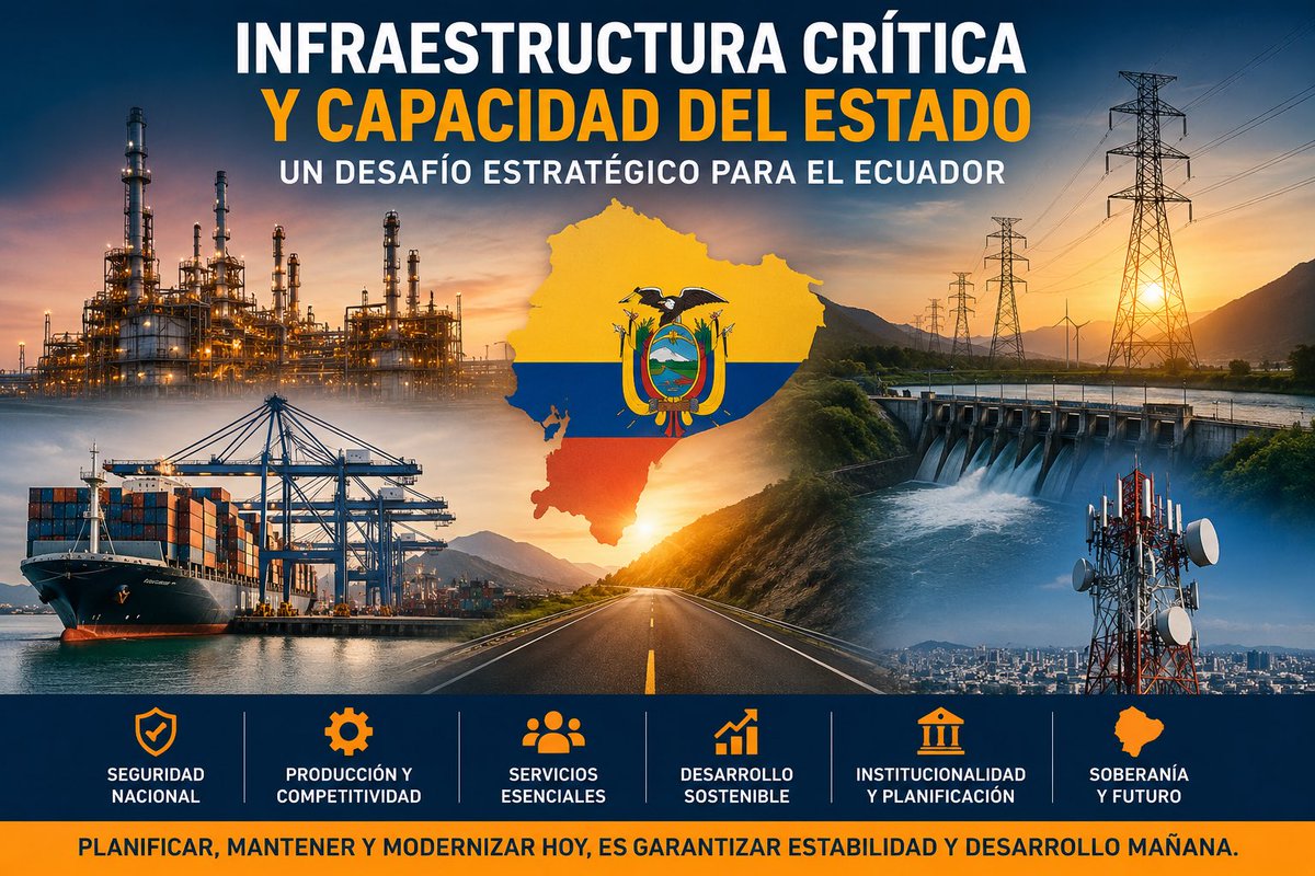 SerPlaton's tweet photo. 🟠 La estabilidad de un país no depende solo de reaccionar en las crisis.

Depende de su capacidad para mantener funcionando su infraestructura crítica:
energía, puertos, carreteras, logística, telecomunicaciones y sistemas estratégicos.

Sin planificación, mantenimiento y capacidad técnica, las vulnerabilidades se acumulan silenciosamente hasta convertirse en crisis nacionales.

Fortalecer infraestructura también es fortalecer soberanía, desarrollo y seguridad nacional.

Artículo completo aquí:  
Facebook Sergio V. Platonoff M.

#Ecuador #InfraestructuraCrítica #SeguridadNacional