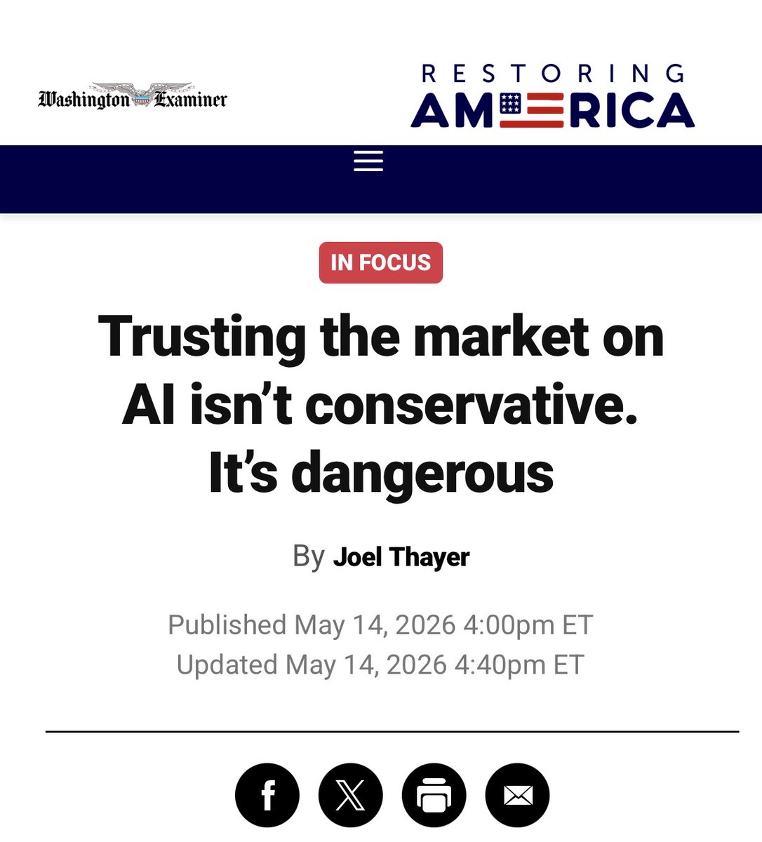 joellthayer's tweet photo. Conservatives have never confused "free markets" with "no rules." Antitrust, consumer protection, and child safety have always been part of the equation. AI shouldn't get a pass. Doing nothing isn't a principled stand. It's a gamble. 

My latest: https://t.co/s2hiuKZtG0
