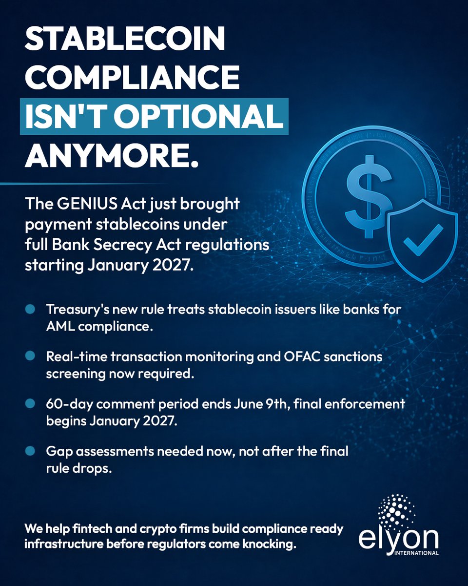 ElyonIntl's tweet photo. If your firm issues or processes payment stablecoins, January 2027 is coming faster than it looks. We work with fintech and crypto firms to build compliance-ready infrastructure before it becomes a regulatory emergency. 

Free upfront assessment at https://t.co/36Ty0EqfZJ https://t.co/ddW6rNmRpQ