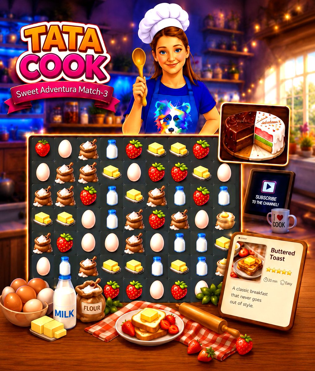 Red41_TITAN's tweet photo. 🍰 TATA COOK  Sweet Match Game!
Match ingredients, create delicious combos and become the ultimate kitchen master! 🍓🍫 
👩‍🍳 Cozy cooking vibes
🍩 Candy-style sweet world
🔥 Made with passion by IIITEAM &amp; Gustosamente Vale

Stay tuned!! 
#TATACOOK #SweetMatchGame #CookingGame https://t.co/wmv1eIgIMs