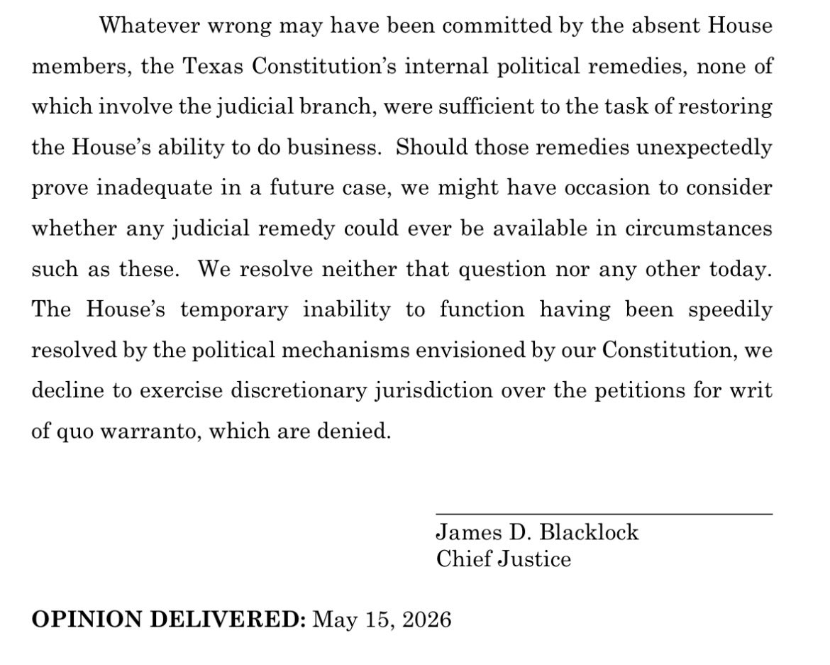 bradj_TX's tweet photo. New: SCOTX has denied @GregAbbott_TX’s quo warranto petition asking the court to declare @GeneforTexas’ seat vacant. The court finds that the House’s internal policy was enough to restore quorum, rendering this case no longer an active question. 

Opinion: https://t.co/RnmBHFAUXl https://t.co/ellFtRnjwu
