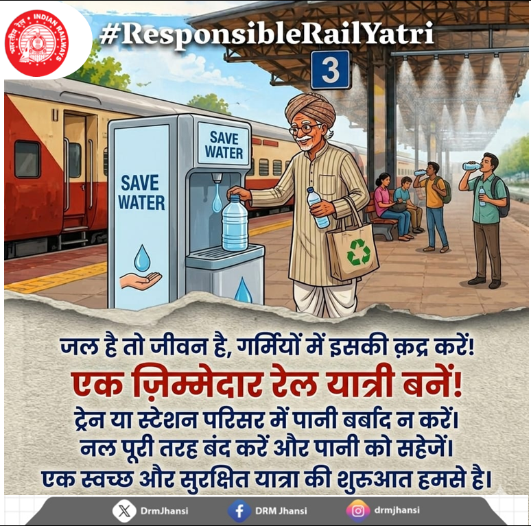 DrmJhansi's tweet photo. 🚰 ट्रेन और स्टेशन पर पानी व्यर्थ न बहाएँ।
सजग यात्री बनकर जिम्मेदारी निभाएँ। 🚆
#WaterConservation #IndianRailways #ResponsibleRailYatri #SaveEveryDrop #NCRailway https://t.co/o5ft7J9ZwI