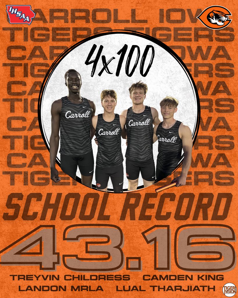 TigerVisionCHS's tweet photo. Congrats to Treyvin Childress, Camden King, Landon Mrla, and Lual Tharjiath on breaking the 4x100 school record with a 43.16!
They took down the previous record of 43.67, set in 2001 by Doug Kendrick, Alex Brinks, Brian Linde, and Adam Haluska. https://t.co/MTrTRbXriD