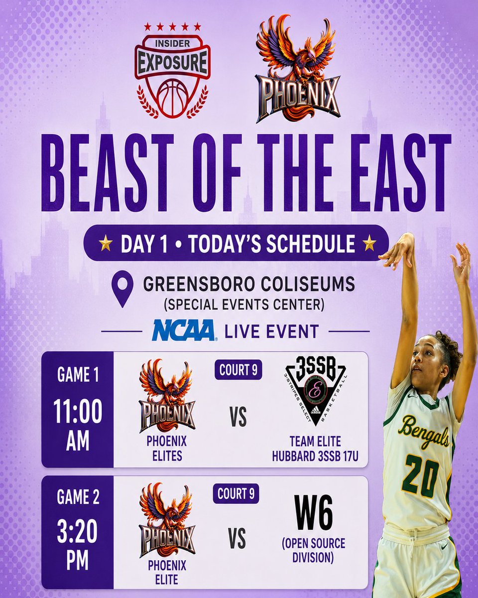 BellaBooBaller's tweet photo. 🏀 Beast of the East | NCAA Live Event 🏀

Day 1 is here! Excited to compete with my Phoenix Elite ball sisters close to home during the NCAA Live Period.

📍 Greensboro Coliseum – Special Events Center
#TGWU #BeastOfTheEast #NCAALive #PhoenixElite #ClassOf27 #StudentAthlete https://t.co/O7m8v03mEP