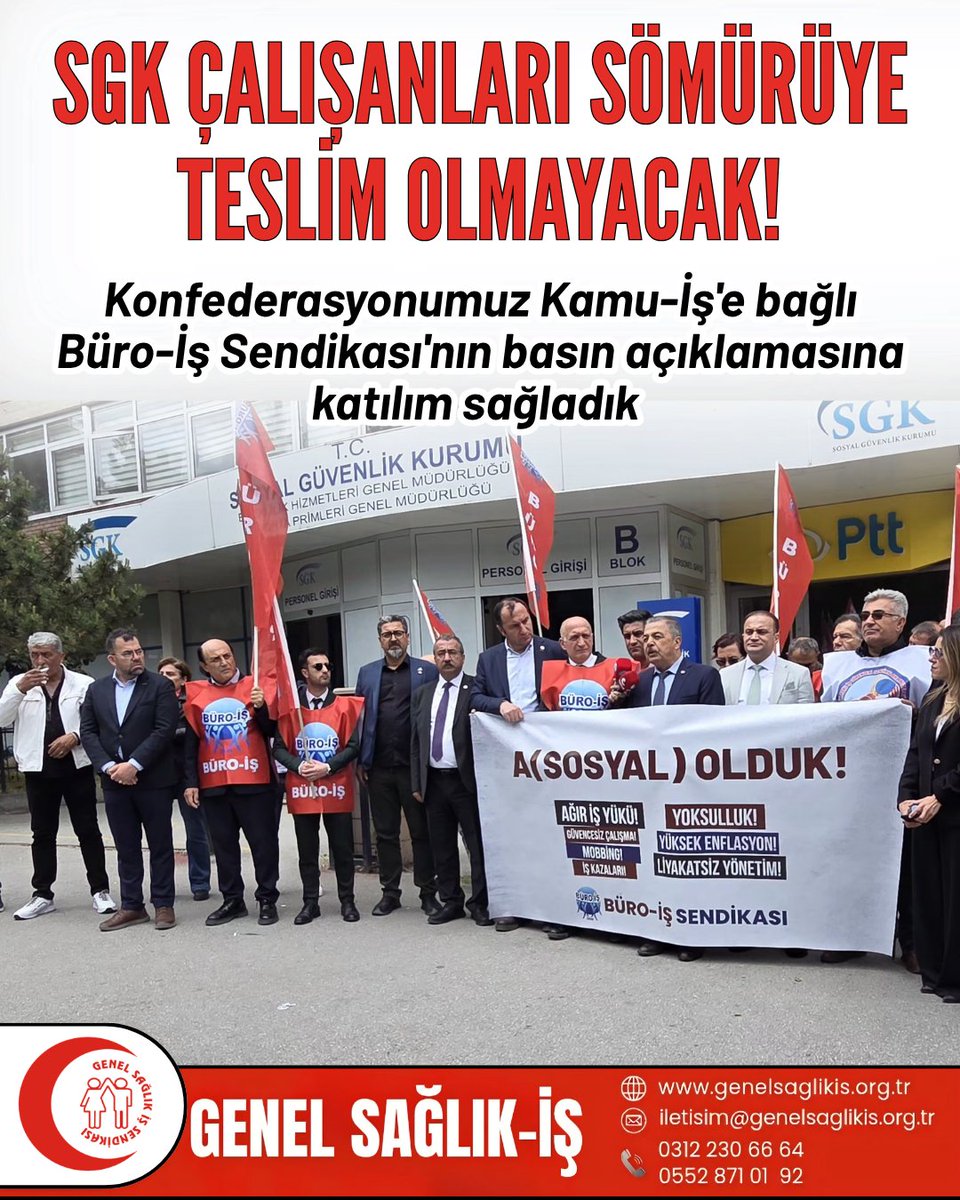 genelsaglikis's tweet photo. Genel Sekreterimiz Veli Can Karabacak, Genel Mali Sekreterimiz Gazi Çeliker ve Ankara Şube Yönetim Kurulu üyelerimiz ile birlikte kardeş sendikamız Büro-İş'in Sosyal Güvenlik Kurumu önünde gerçekleştirdiği basın açıklamasına katılım sağladık.

@kamuiskonf @buroissendikasi 
#SGK https://t.co/pPvBlLajSm