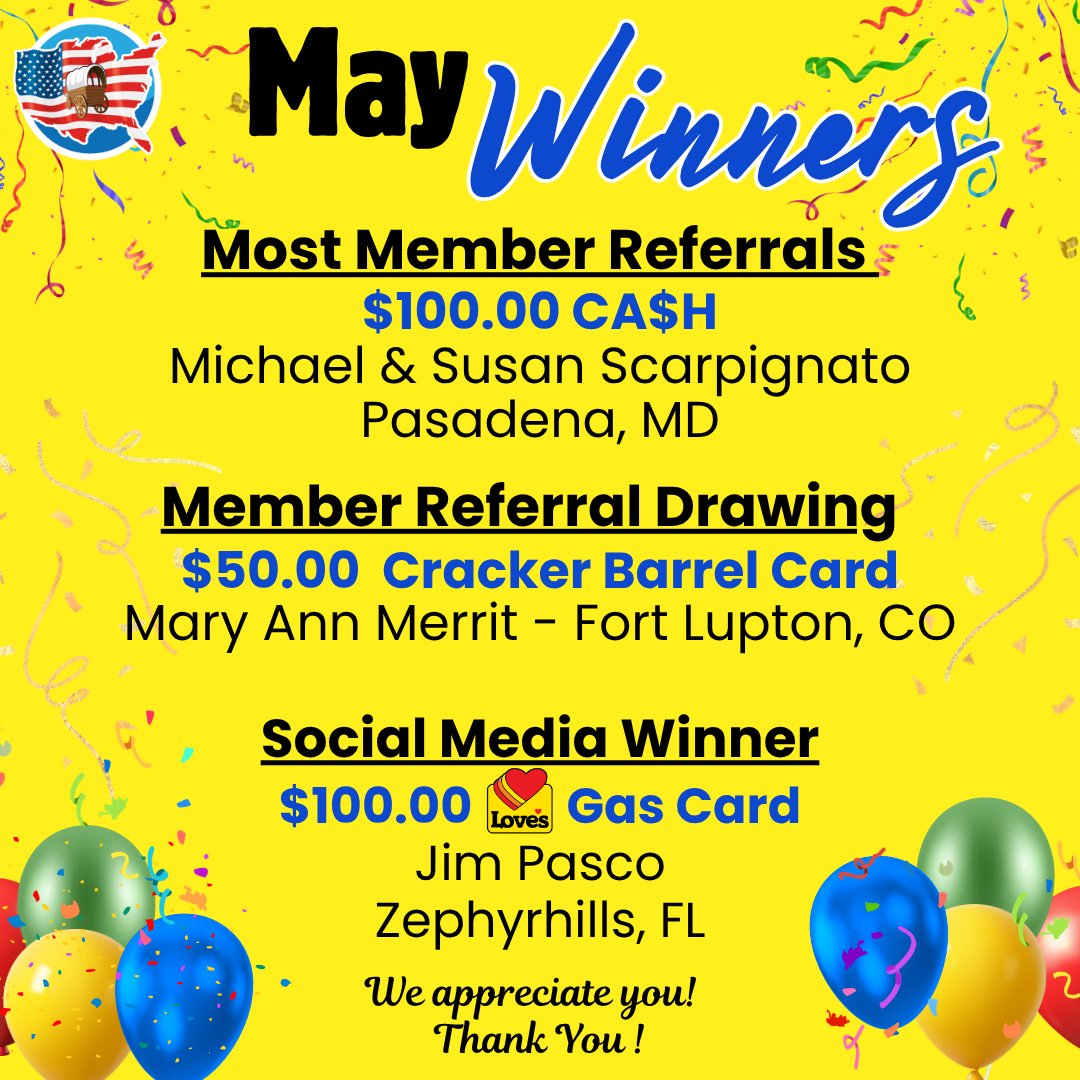 PassportAmerica's tweet photo. 🎉 Congratulations to this month's winners - Michael & Susan, Mary Ann, and Jim!

Follow our social media accounts and keep referring your friends and family to join Passport America - you could win next month's raffle!

Thank you for helping our community grow! We appreciate you! ❤️✨