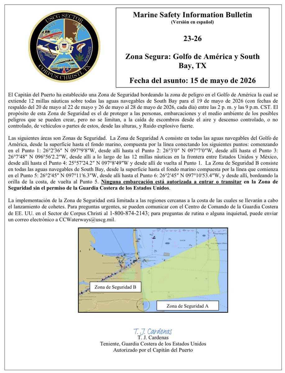 VisitBocaChica's tweet photo. New Marine Safety Information Bulletin (MSIB)/ Notice to Mariners (NOTMAR) issued for possible #Starship #Flight7 launch on 19 May 2026 from 2:00 p.m.-9:00 p.m.  https://t.co/mmFJTQWyCX 🚀  #BocaChica #Starbase #MSIB #HazardArea #SafetyZone https://t.co/raWY83SBRg