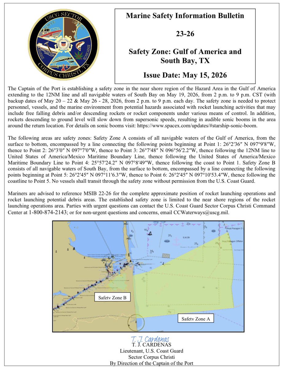 VisitBocaChica's tweet photo. New Marine Safety Information Bulletin (MSIB)/ Notice to Mariners (NOTMAR) issued for possible #Starship #Flight7 launch on 19 May 2026 from 2:00 p.m.-9:00 p.m.  https://t.co/mmFJTQWyCX 🚀  #BocaChica #Starbase #MSIB #HazardArea #SafetyZone https://t.co/raWY83SBRg