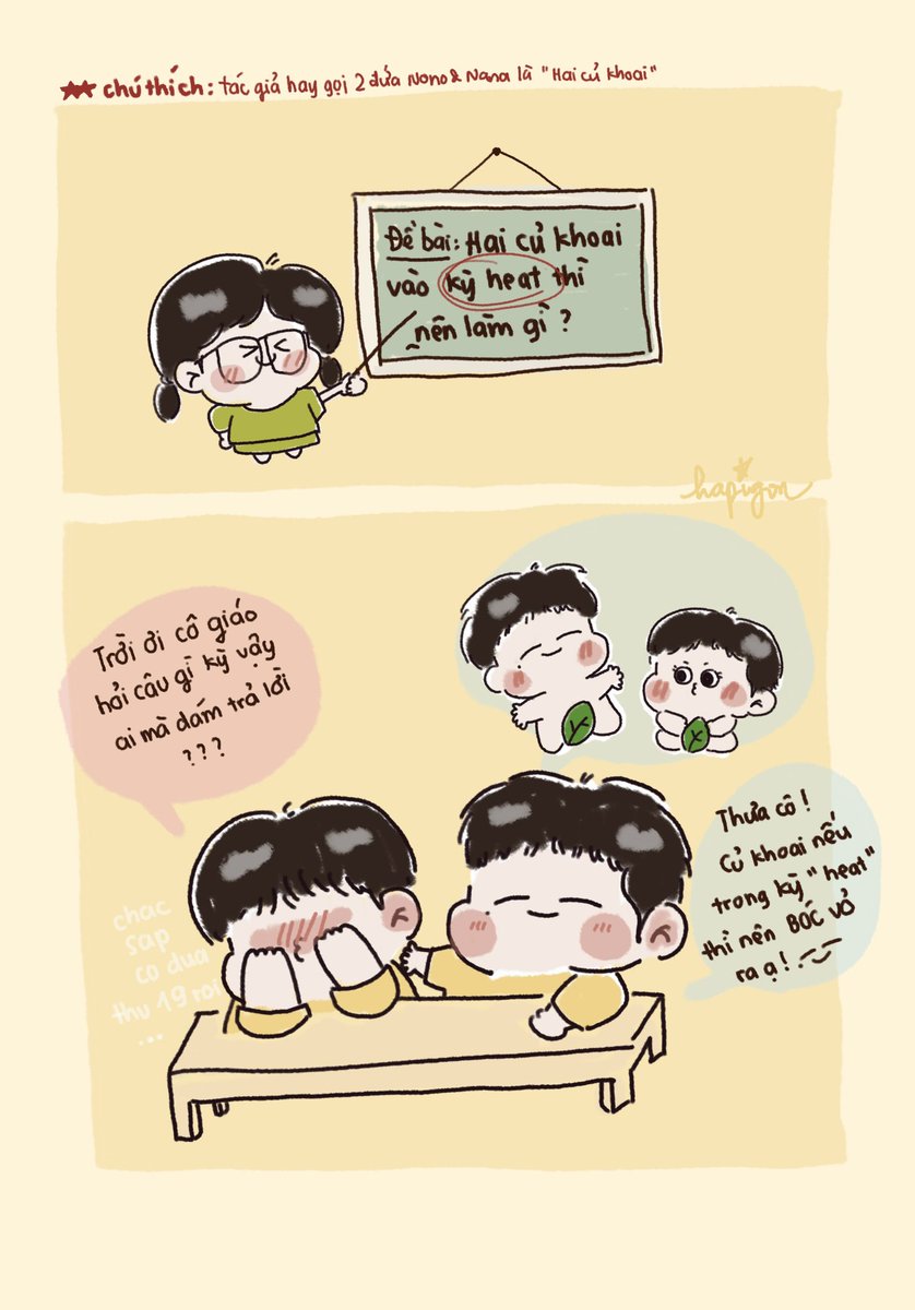 hapigonpinky's tweet photo. Usually I call my chibi Nono Nana I as two potato, so here the story:

Teacher: What should I do with 2 potatoes during the “heat period”?
Nana: huhu I’m so embarrassed that I don’t dare to answer
Nono: yes, let’s peel the potato *excited*

ㅋㅋㅋ
#젠잼 #nomin https://t.co/T9Ae7EuX4I