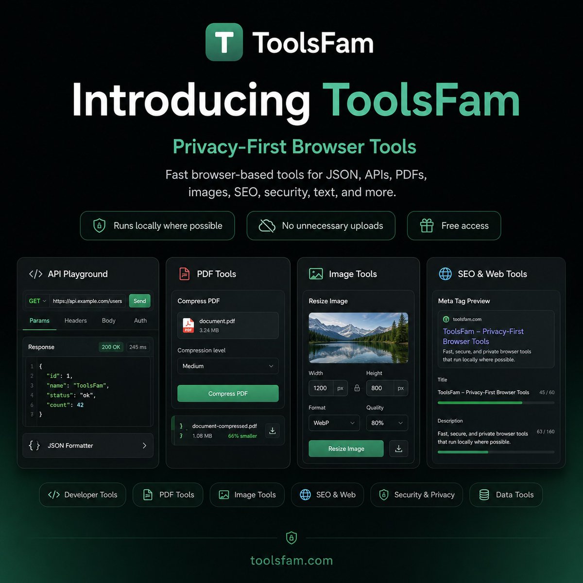 Toolsfam's tweet photo. Introducing ToolsFam 🚀

A privacy-first browser tool platform for APIs, JSON, PDFs, images, SEO, text, data and converters.

Fast, clean and free to use, built for everyday workflows with minimal uploads and strong privacy.

👉 https://t.co/BXJTXUYZ98 https://t.co/iLNZJIe7ah