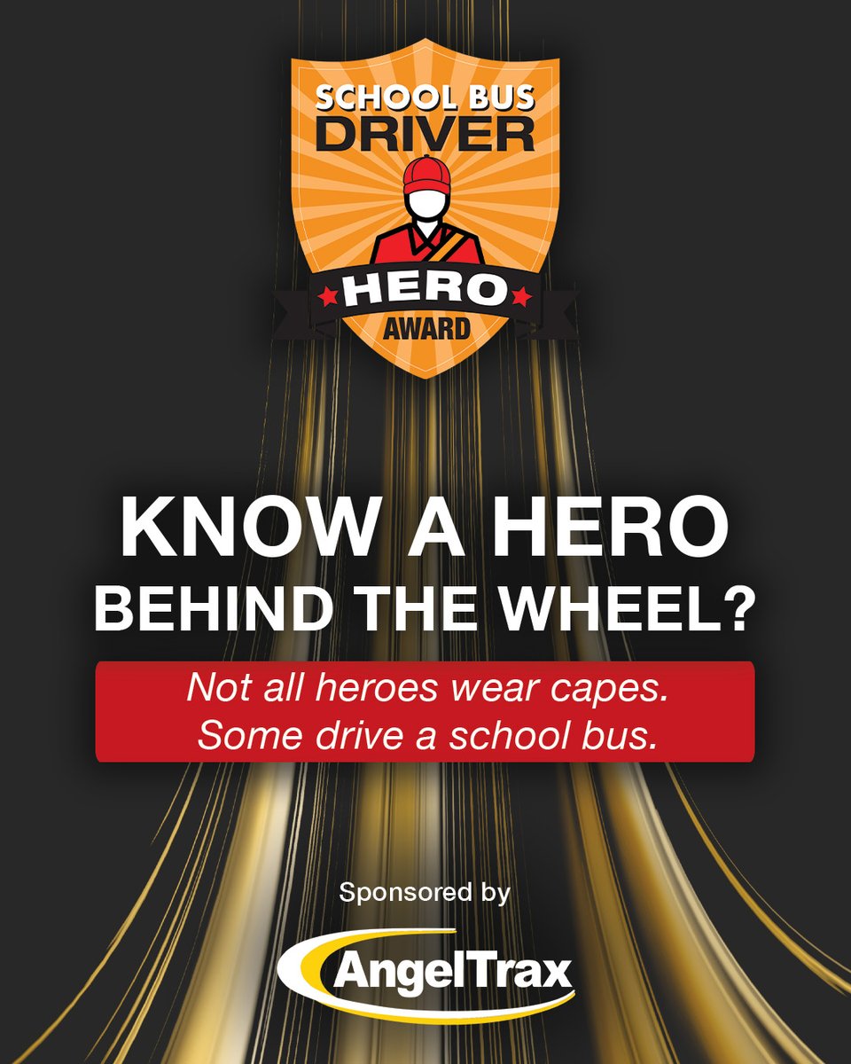 AngelTrax's tweet photo. We are proud to sponsor this wonderful award in its second year! Not all heroes wear capes. Some drive a school bus. If you know a driver who deserves recognition, nominate them as a 2026 School Bus Driver Hero! Nominations close June 30, 2026. https://t.co/QkrUQyay4u https://t.co/pv10vPutI3