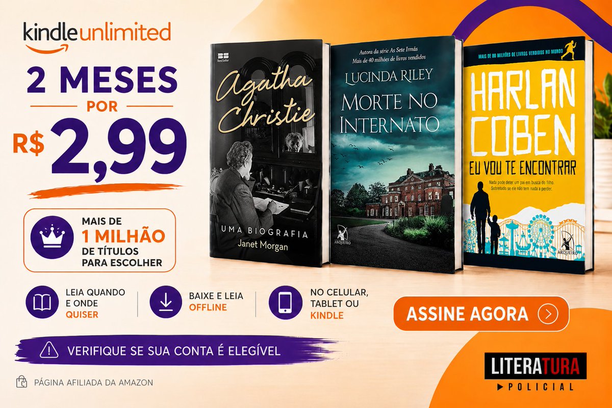 literapolicial's tweet photo. 🚨 KINDLE UNLIMITED POR R$2,99
A Amazon liberou 2 meses praticamente de graça!
Tem muita coisa boa no catálogo, inclusive vários thrillers famosos.

👉 Veja se a promo liberou pra você: https://t.co/0UtaDTokJB