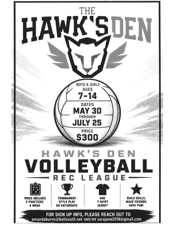DCcougarnation's tweet photo. 🏐 Hawk’s Den Volleyball Rec League registration is open! Boys &amp; girls ages 7–14 can join this summer league from May 30–July 25. Includes 2 practices/week, Saturday tournament play, &amp; a t-shirt jersey. 💲$300

📩 Info: amandaburns@bellsouth.net or sarajane2018@gmail.com https://t.co/dhjY7NuGd6