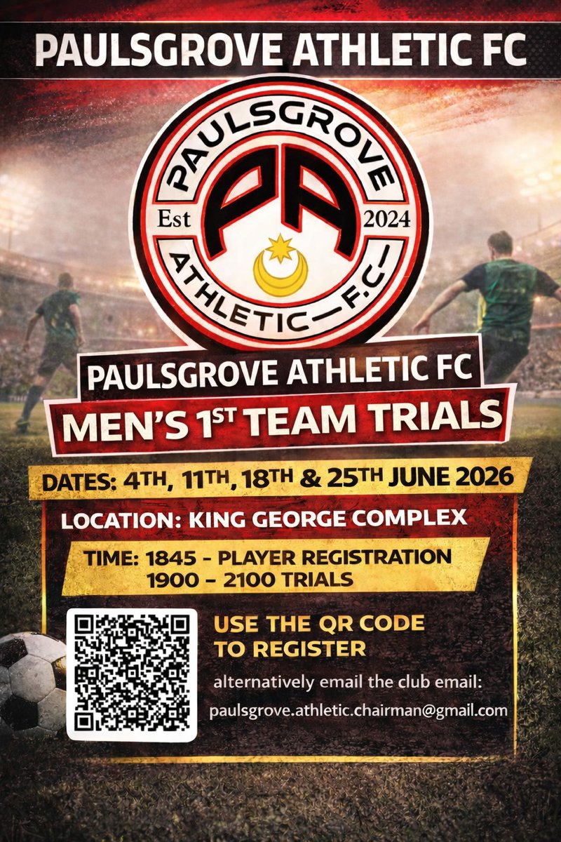 Paulsgrove_A_FC's tweet photo. Exciting times ahead.

 Following our recent Club statement of Paulsgrove Athletic FC Men's team, we are pleased to announce we have set the trial dates.

#UTG 🔴⚫️ https://t.co/vx2P13GRho