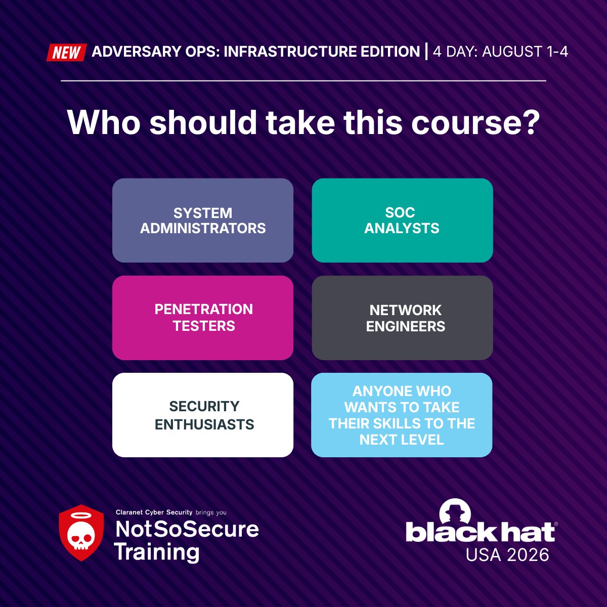 Claranet_Sec's tweet photo. At Black Hat 2026, we’re delivering our new training 𝗔𝗱𝘃𝗲𝗿𝘀𝗮𝗿𝘆 𝗢𝗽𝘀: 𝗜𝗻𝗳𝗿𝗮𝘀𝘁𝗿𝘂𝗰𝘁𝘂𝗿𝗲 𝗘𝗱𝗶𝘁𝗶𝗼𝗻 - a fully redesigned training with labs built to mirror modern enterprise attack paths.
#BlackHat #CyberSecurity #RedTeam #OffensiveSecurity https://t.co/Rk96s8XwOx