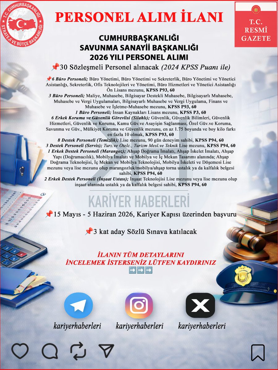 kariyerhaberler's tweet photo. 📢📢📢
CUMHURBAŞKANLIĞI SAVUNMA SANAYİİ BAŞKANLIĞI 2026 yılı Sözleşmeli Personel Alım İlanı yayımlandı.

📌Alım Sözleşmeli Personel Statüsünde olacak
📌6 Koruma ve Güvenlik Görevlisi, 8 Temizlik Personeli, 3 Servis Personeli, 1 Marangoz, 2 İnşaat Ustası, 10 Büro Personeli istihdamı sağlanacak
📌2024 sınavında alınmış olmak kaydıyla KPSS P3, KPSS P93 ve KPSS P94 puan türü kullanılabilecek
📌3 kat aday Sözlü Sınava katılma hakkı kazanacak
📌Başvurular 15 Mayıs - 5 Haziran 2026 tarihleri arasında Kariyer Kapısı üzerinden gerçekleştirilecek

Merak ettiğiniz genel hususları görsel üzerinden inceleyebilir, sorularınızı gönderimiz altında sorarak yanıtlar alabilir, ilanları, haber ve gelişmeleri düzenli şekilde Kariyer Haberleri Instagram Hesabımızda ve Telegram Haber Kanalımızda takip edebilirsiniz.

✅Instagram Hesabımızı takip etmek isterseniz;

⤵️⤵️⤵️

https://t.co/394i1DyH5F

☑️Yeni Telegram Haber Kanalımıza abone olmak isterseniz;

⤵️⤵️⤵️

https://t.co/EEIdHSOrjR

-