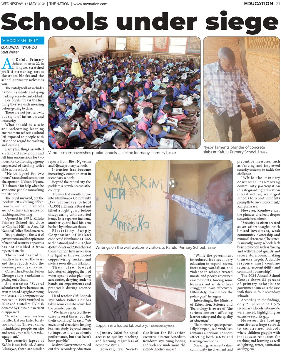 CsecMw's tweet photo. Schools must be safe spaces not targets.

Vandalism, theft &amp; violence in Malawi’s schools are undermining learning &amp; safety. Only 21% of secondary schools are fenced.

We call for stronger security, community ownership &amp; accountability.

Protect education. Protect the future. https://t.co/R6TResByUn