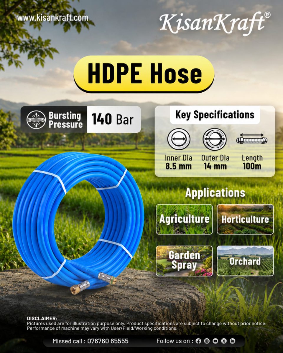 Kisankraft1's tweet photo. Power your spraying operations with the reliable KisanKraft HDPE Hose.
✔️ 140 Bar Bursting Pressure
✔️ Durable &amp; Flexible Design
✔️ Suitable for Agriculture, Horticulture, Garden &amp; Orchard Applications
#KisanKraft #HDPEHose #Agriculture #FarmTools #SprayingSolutions #Horticulture https://t.co/pJQ3YLLRRo
