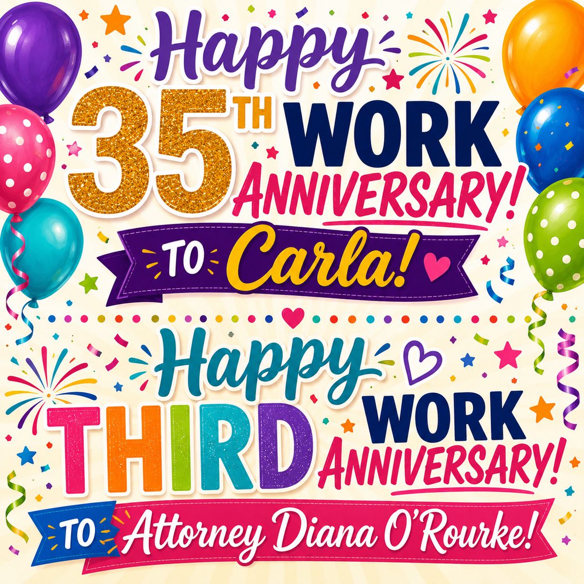 NHALAW's tweet photo. 🎊⭐️🎉We are thrilled to be celebrating two work anniversaries this week! Carla, our Director of Marketing has been with us 35 years!! 🎉🌟💥Attorney Diana O’Rourke has been with us for 3 years! 🗓We are so fortunate to have them as part of the NHA team and we thank 🙏 them https://t.co/6whqUR3Un9